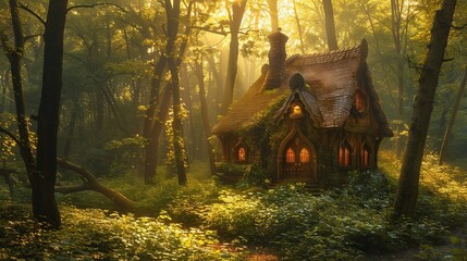 A serene forest scene with a mysterious fairy tale cottage hidden among the trees - obrazy, fototapety, plakaty