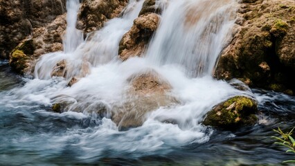 Scenic view of a forest with a waterfall and lake in Jiuzhaigou, Sichuan Province, China.