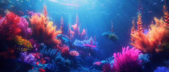 A fantasy scene of neon aquatic plants swaying in a surreal, vibrant underwater world