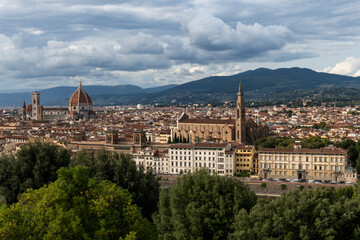 Fototapeta na wymiar The Duomo Cathedral and the skyline of Florence, Italy, viewed from the Michelangelo overlook. 