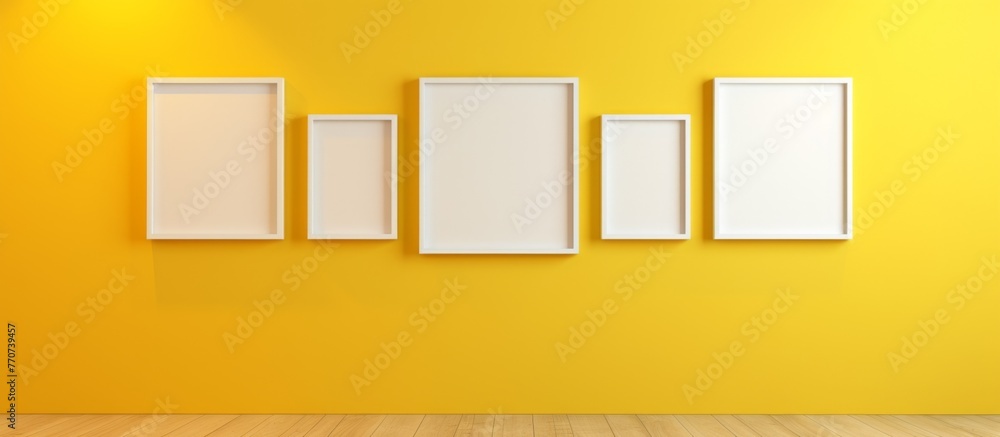 Poster a row of wooden picture frames in a parallel arrangement hanging on a yellow wall, creating an artfu