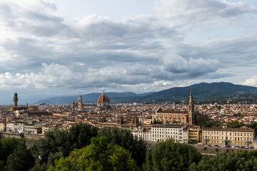 Naklejka premium The Duomo Cathedral and the skyline of Florence, Italy, viewed from the Michelangelo overlook. 