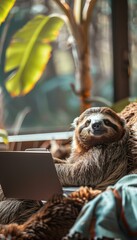 Naklejka premium Charming Sloth Using Laptop Among Plants