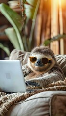 Fototapeta premium Charming Sloth Using Laptop Among Plants