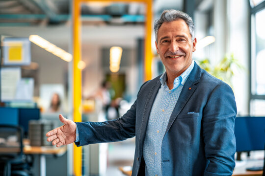 Mature businessman, pleasant looking, showing hand gesture of inviting a guest, a client or a new worker to his company with a smile.