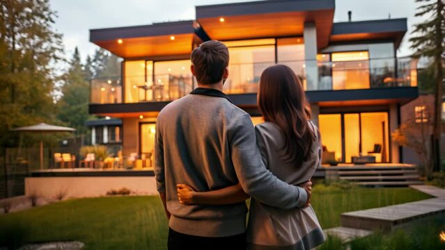 Couple looking at house. Family buying new home. Happy young owners after signing the mortgage agreement. People in front of rental property. Real estate loan concept