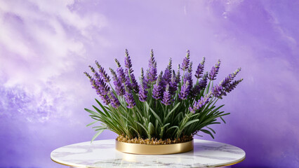 Purple lavender Display Background, Lavender podium flower background purple, nature product platform, summer table stand, Cosmetic podium, abstract field studio, beauty flower, spring lavender floral