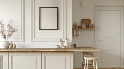 white empty wooden frame mock up kitchen interior 