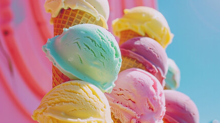 Bright multi-colored ice cream balls in waffle cones. Summer mood horizontal banner. Summer solstice day.