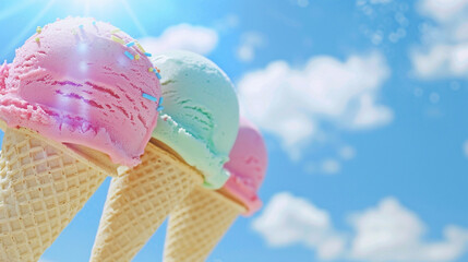 Three pastel multi-colored ice cream balls in waffle cones with a blue sky and white clouds background. Summer mood. Summer solstice day. Horizontal banner