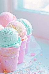 Delicate pastel colors ice cream balls in waffle cups. Summer mood. Summer solstice day.