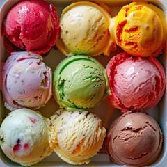 Bright multi-colored ice cream balls in white container. Square background. Summer mood. Summer solstice day.
