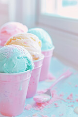 Pastel multi-colored ice cream balls in waffle pink cups with a spoon on a table. Summer mood. Summer solstice day.