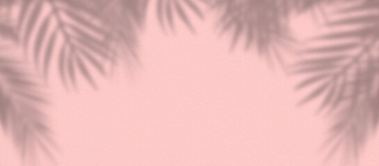 Pink grunge cement texture wall with palm leaf plant foliage shadow. Horizontal luxury summer background with tropical travel beach minimal concept. Flat lay. Top view