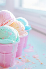 Pastel multi-colored ice cream balls in waffle pink cups. Summer mood. Summer solstice day.