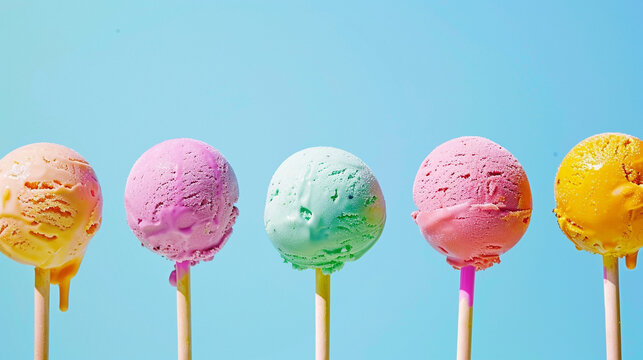 Bright multi-colored ice cream balls on sticks. Summer mood. Summer solstice day. Light blue background. Horizontal banner