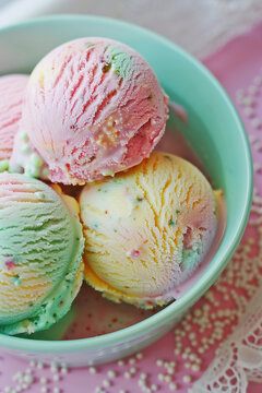 Pastel multi-colored ice cream balls in a mint vase. Summer mood. Summer solstice day.