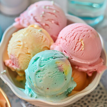 Pastel multi-colored ice cream balls in a white vase on a table. Summer mood. Summer solstice day.