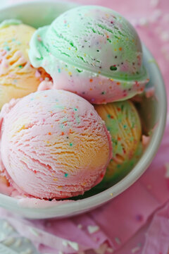 Pastel multi-colored ice cream balls in a white vase on a table. Summer mood. Summer solstice day. Vertical background