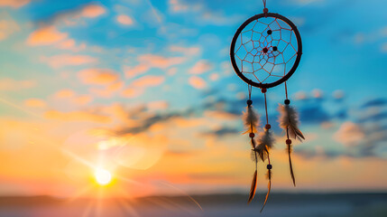 A dream catcher with feathers and a blue background, dreamcatcher hanging against a bright sky backdrop ,Beautiful dream catcher on blue background with lights
 - obrazy, fototapety, plakaty