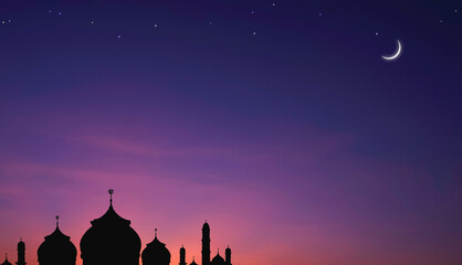 Silhouette Mosques Dome and Crescent Moon on dark blue Night sky background, symbol islamic...
