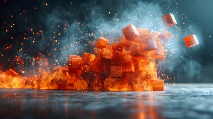 Fiery Explosion of Glowing Cubes: A Dynamic Display of Light, Heat, and Energy