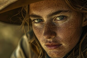 Intense gaze of a young woman with freckles amidst frontier dust
