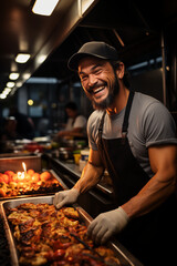 Photo of a smiling, cheerful male cook in a chef's apron preparing grilled steaks, barbecue, hot meat dishes, against the background of the kitchen of a cafe, restaurant