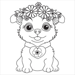 Vector black white contour simple sketch of decorative dog, Coloring page with Animal character