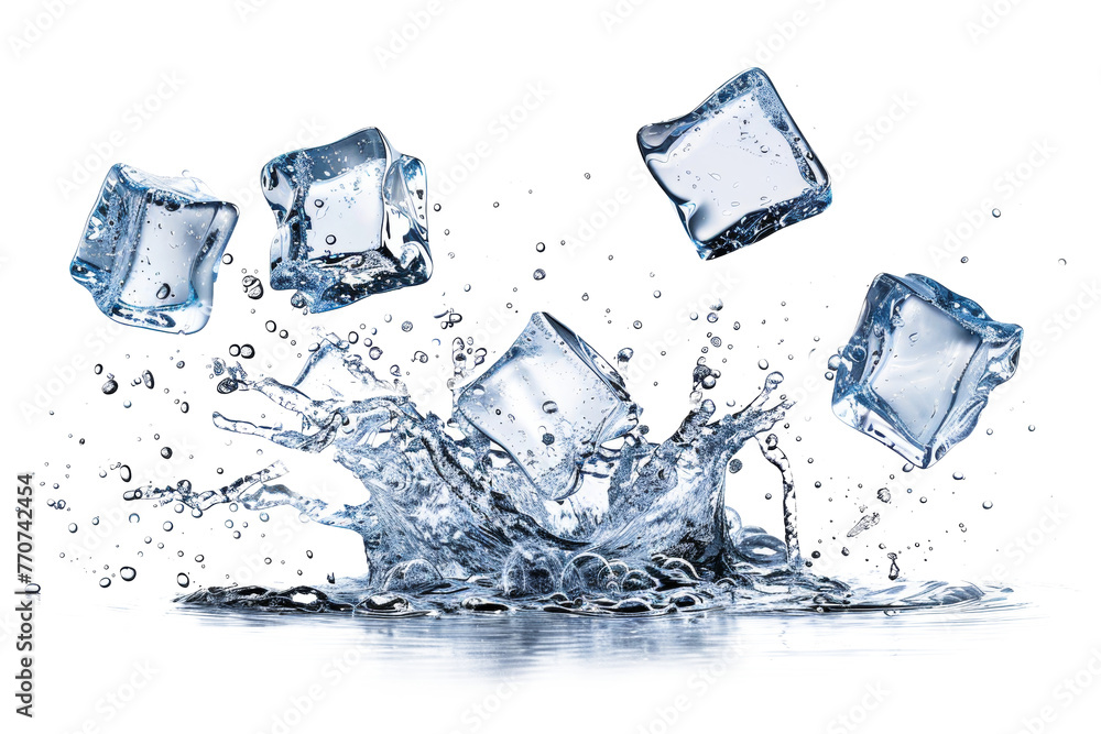 Poster splashing ice cubes creating dynamic water movement png on transparent background
