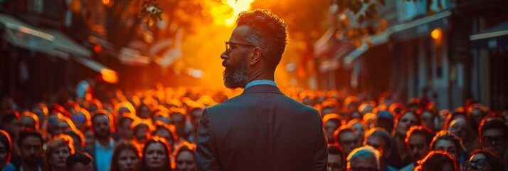 Man in suit commands attention, demonstrating leadership amidst crowd