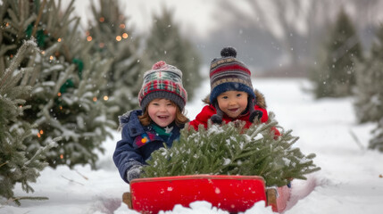 Fototapeta na wymiar Seasonal Delight: Kids Enjoying Sled Ride with Tree on Farm