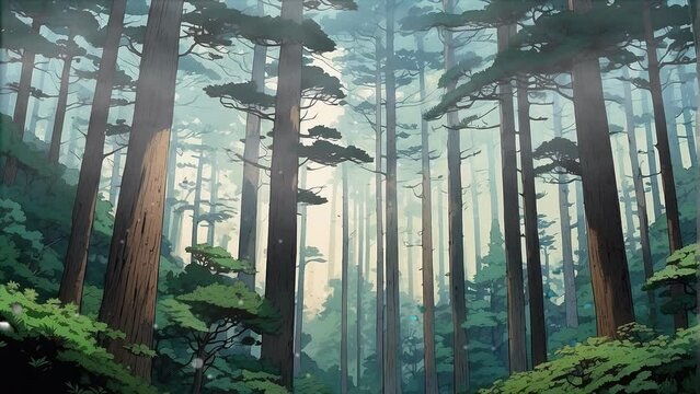Serene 4k video footage showcasing the ethereal beauty of a foggy forest during daylight hours, with the sun gently setting in the distance.