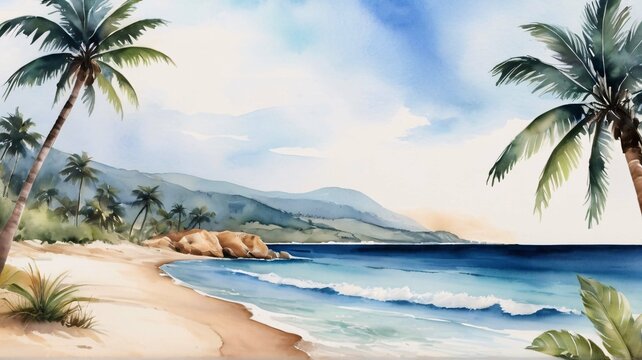 Summer paradise watercolor background. Tropical landscape of beach, palm trees, and sea. 