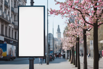 blank billboard on a street with flowering trees