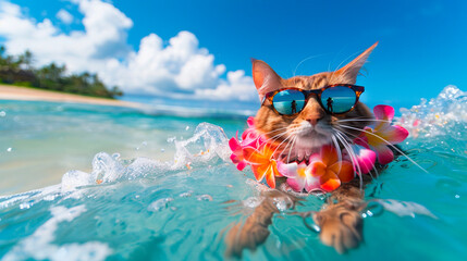 the cat swims on the surf. Selective focus.