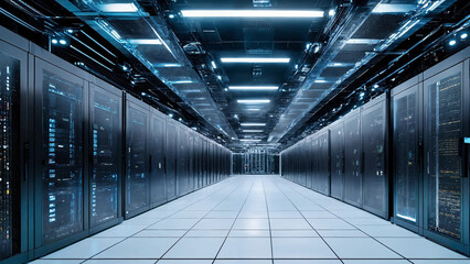 Digital rendering of a high-tech server farm 16:9 with copy space