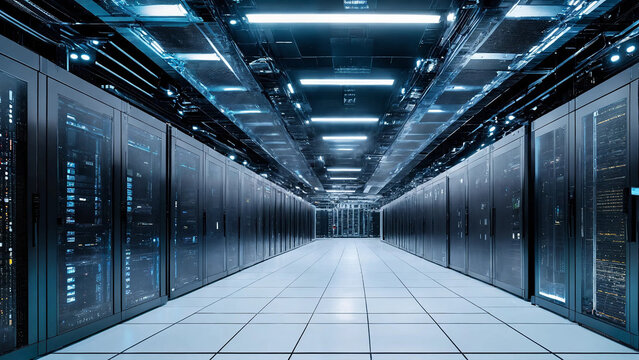 Digital rendering of a high-tech server farm 16:9 with copy space