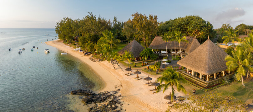 Aerial view of Oberoi Beach, Balaclava, Mauritius.