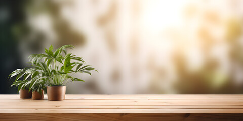 plant in a vase on the table.Empty wood table top blurry modern kitchen interior background ,Wood table on blur of cafe coffee shop bar background, 