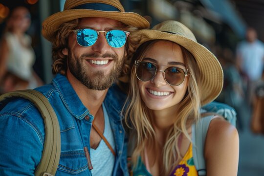 Smiling couple at airport, geared up for their international journey with suitcases