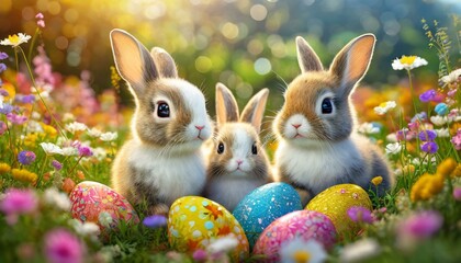 Fototapeta na wymiar 3D rendering baby bunny family, adorable big eyes, on a colorful flower meadow with painted easter eggs