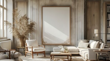 frame mockup of a classic living room design in the style of a French coastal house, white patterned wall background with indoor plant decorations, 3d render, 3d illustration