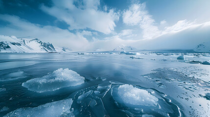 Iceland's Majestic, Frosty Landscape: Glacial Ice Chunks on Crystal-Blue Lake Under a Snowy, Cloud-Filled Sky