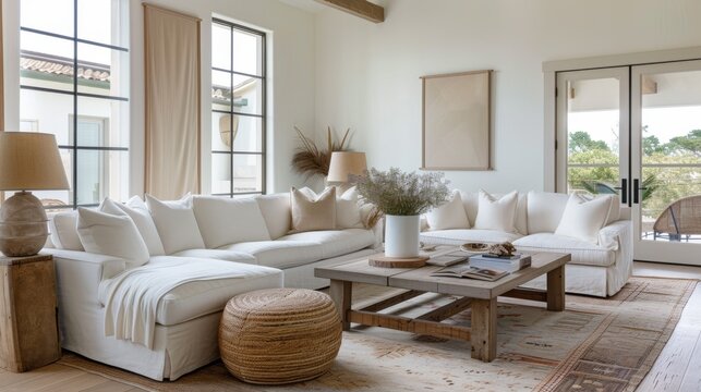 French coastal house style comfortable living room interior design, 3d render, 3d illustration