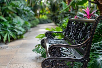 A wooden bench is situated in the center of a garden, surrounded by plants and flowers - obrazy, fototapety, plakaty
