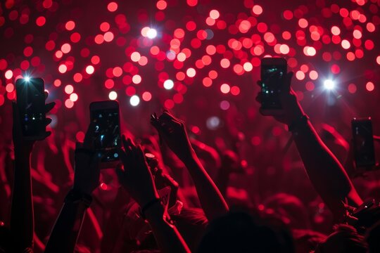 A group of people at a music concert capturing the moment on their smartphones, creating a vibrant scene with the lights and energy