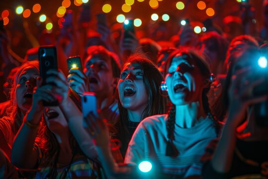 Audience members taking photos with their smartphones, faces illuminated by the glow of the screens
