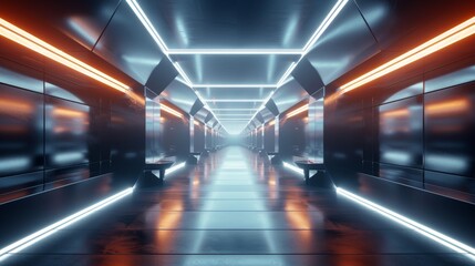 A visually striking corridor illuminated by neon lights, creating a futuristic ambiance that suggests a setting for sci-fi films or advanced technology presentations.