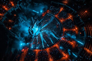 A drone captures a panoramic view of a brightly lit concert venue at night, with crowds of people, stages, and smartphone lights visible